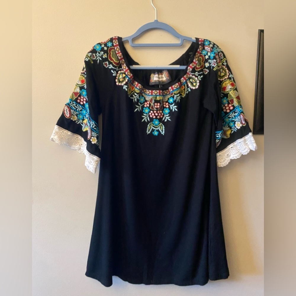 Vintage Collection Embroidered Black Tunic top with Floral Accents